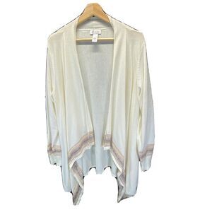 Denim & Co. Women's Cardigan Size L Drape Front White Fair Island Border A238357